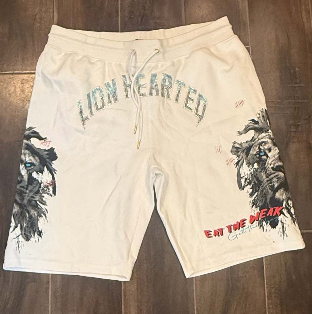 First Row Lost Utopia Rhinestone Fleece Shorts Lion Hearted Cream